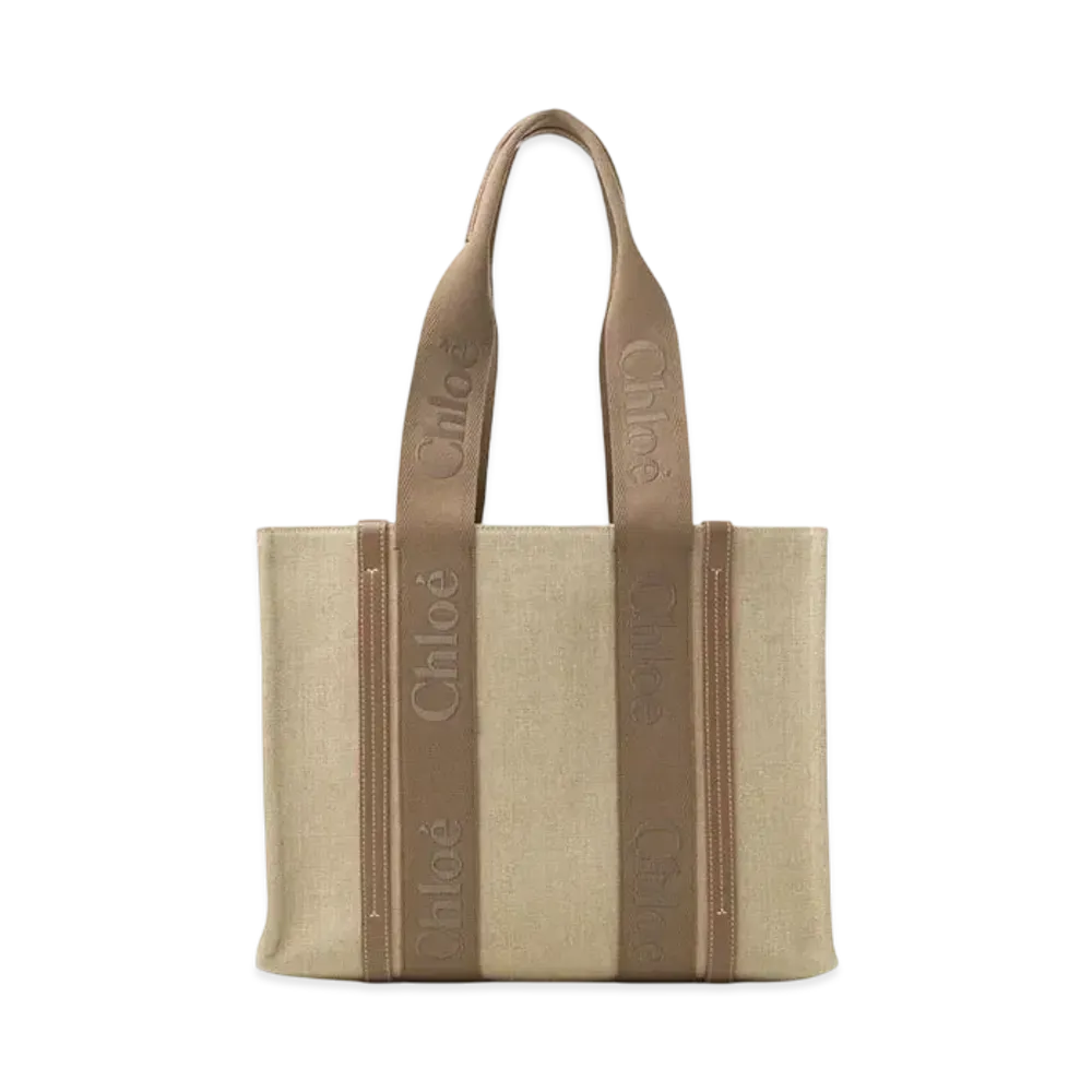 Chloe Woody Tote Bag In Linen "Dark Nut"