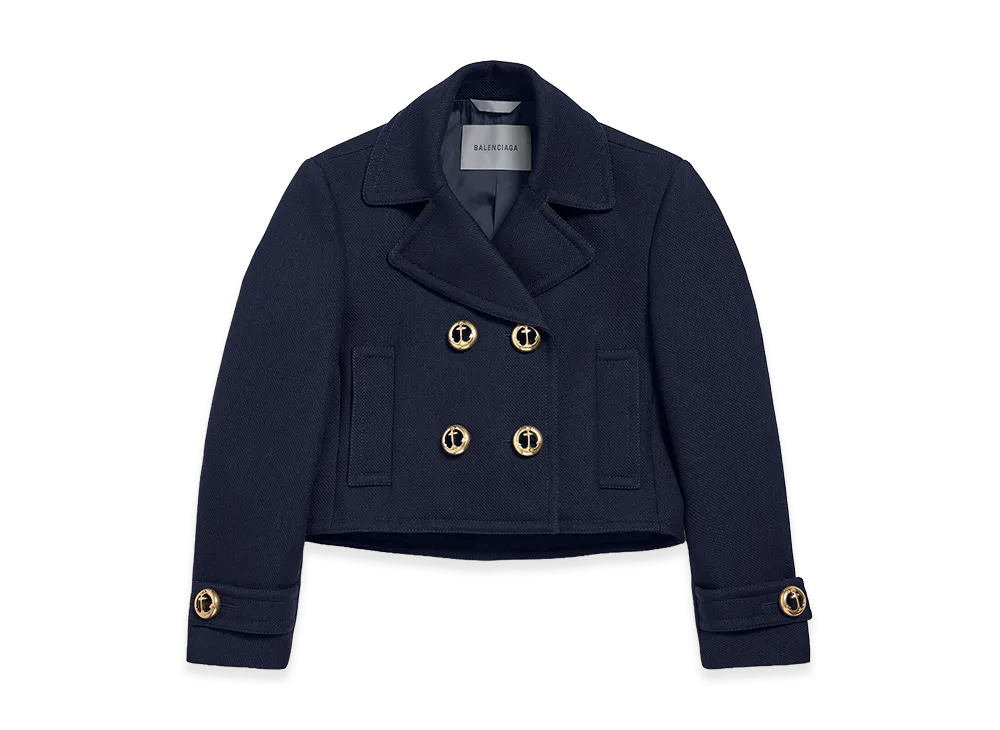 BALENCIAGA Women's Cropped Peacoat In Textured Wool "Navy"