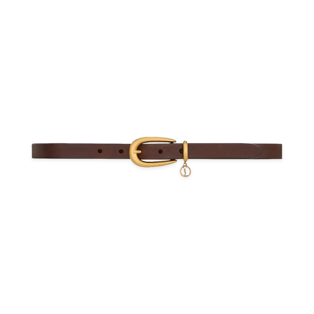 Saint Laurent Women's Cintura Sottile Cassandre in Pelle Con Fibbia Allungata E Charm "Burnt Chocolate"