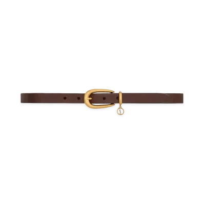 Saint Laurent Women's Cintura Sottile Cassandre in Pelle Con Fibbia Allungata E Charm "Burnt Chocolate"