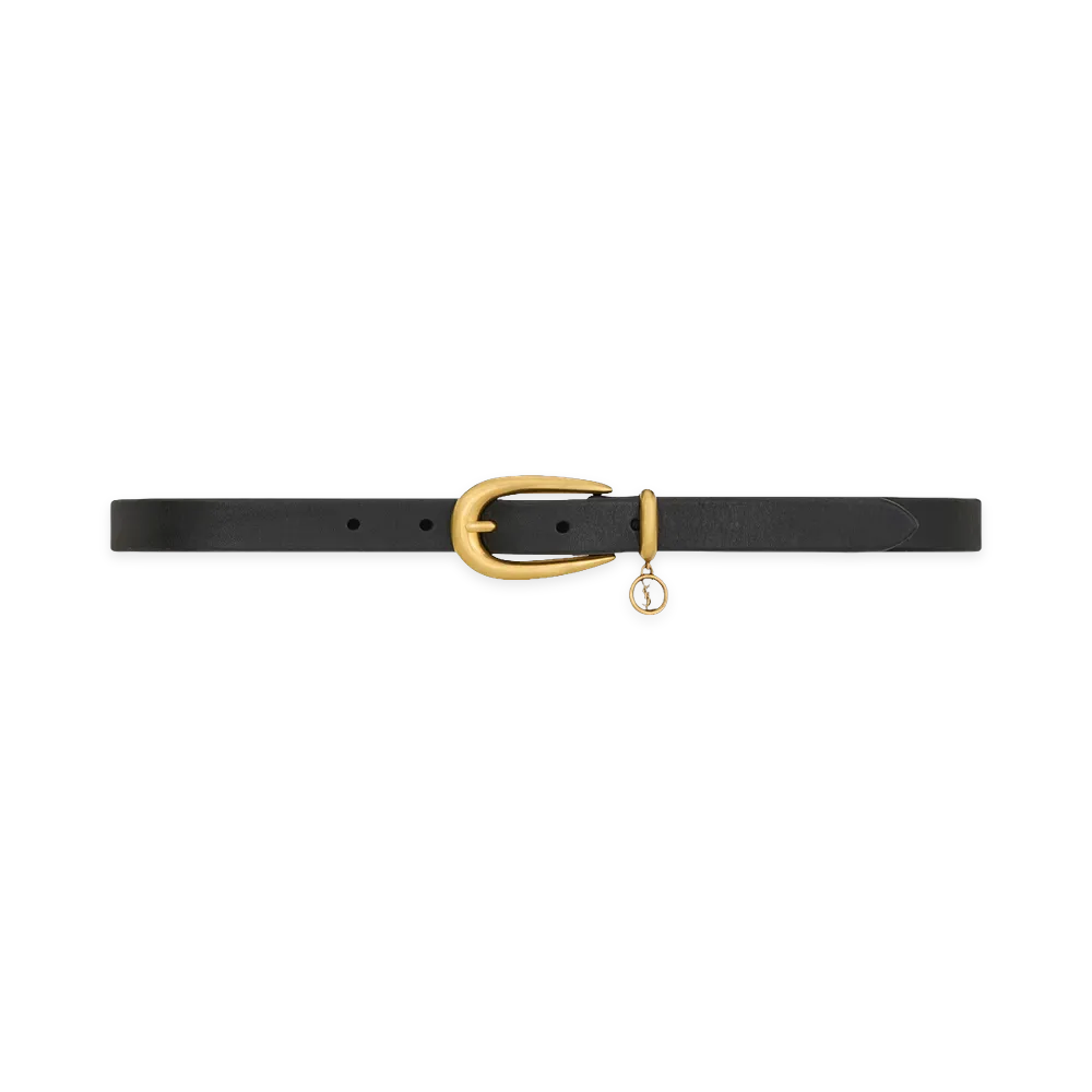 Saint Laurent Women's Cintura Sottile Cassandre in Pelle Con Fibbia Allungata E Charm "Black"