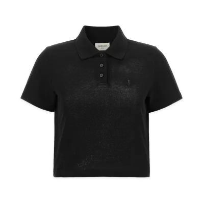 Saint Laurent Women's Cassandre Crop Polo Shirt "Black"