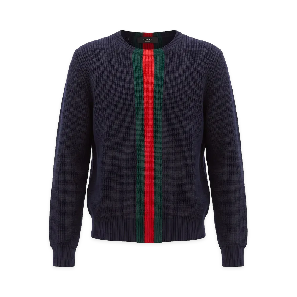 GUCCI Fine Rib Wool Sweater with Web "Blue/Green/Red"