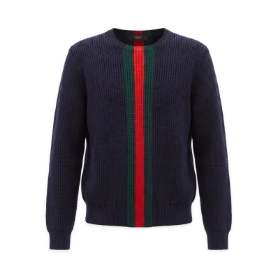 GUCCI Fine Rib Wool Sweater with Web "Blue/Green/Red"