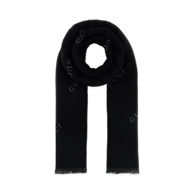 GUCCI Embroidered Wool Blend Scarf "Black"