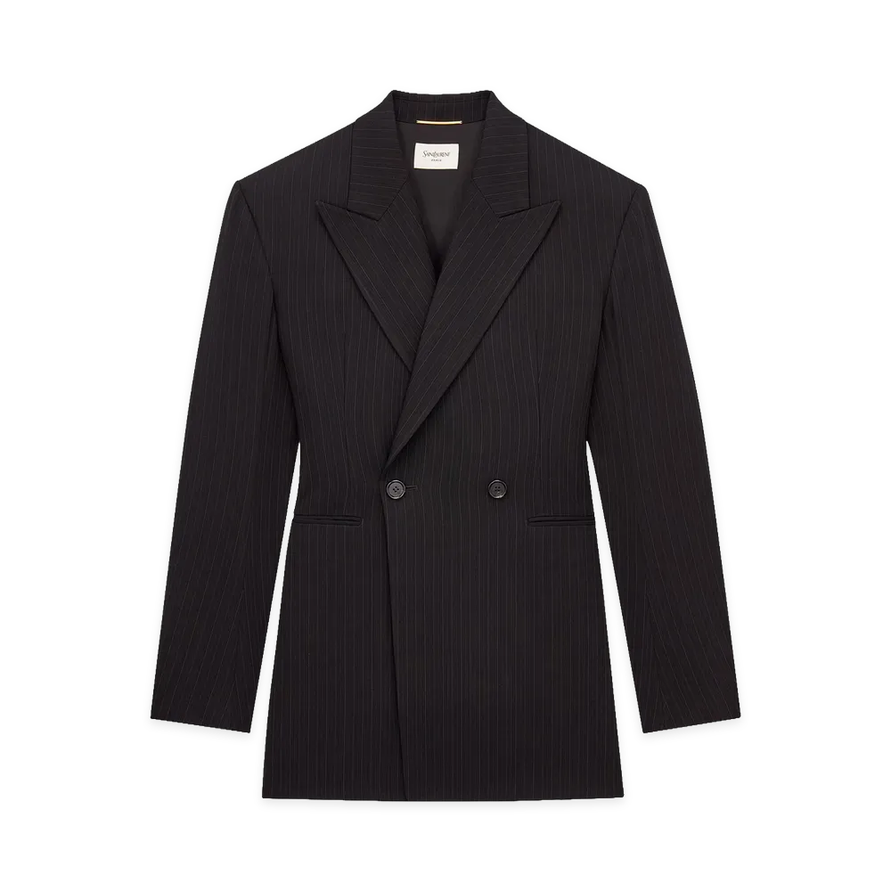 Saint Laurent Women's Chalk Stripe Double-breasted Jacket "Black/Gray"