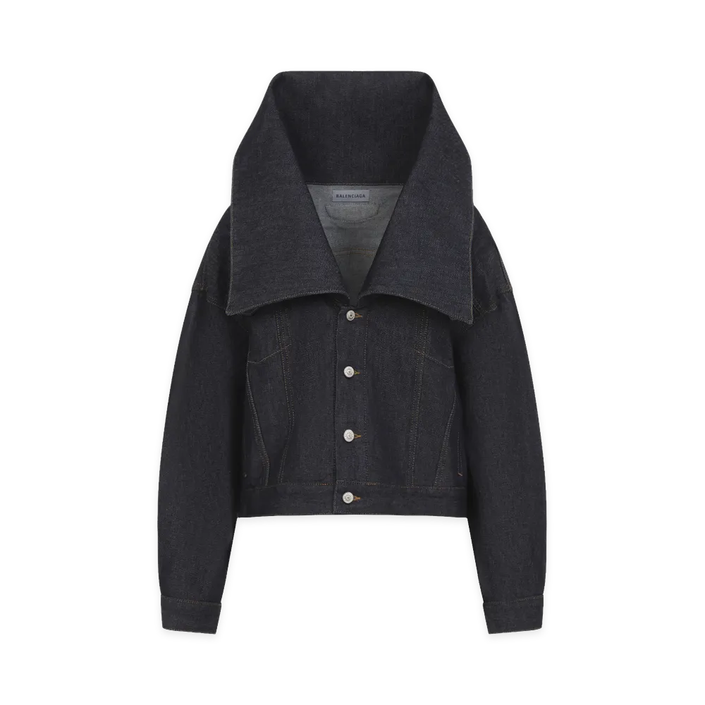 BALENCIAGA Women's Raw Standing Collar Boxy Jacket "Indigo"