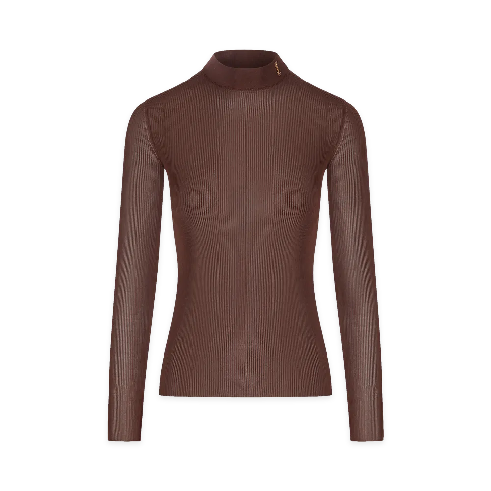 Saint Laurent Women's Cassandre Stand-Collar Top In Ribbed Silk "Brown"