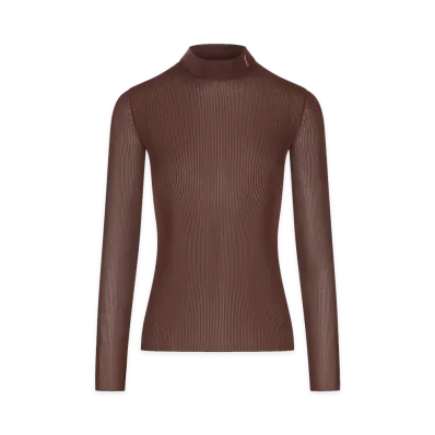 Saint Laurent Women's Cassandre Stand-Collar Top In Ribbed Silk "Brown"