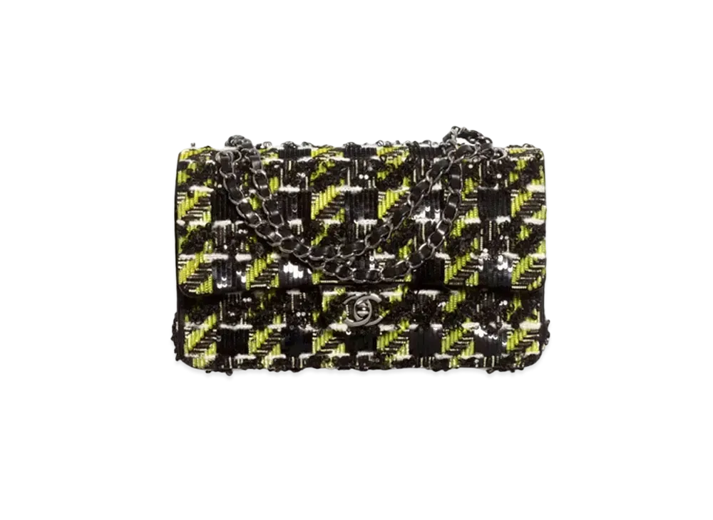 CHANEL Classic 11.12 Handbag Embroidered Satin, Sequins, Glass Pearls & Ruthenium-Finish Metal "Black/Yellow/White"