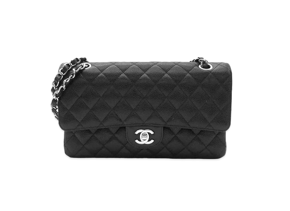 CHANEL Matelasse Classic Double Flap Caviarskin "Black/Silver"