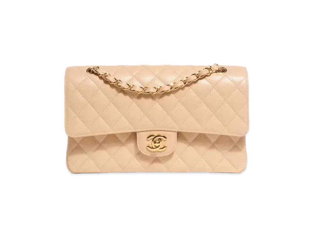 CHANEL Matelasse Classic Double Flap Caviarskin "Beige/Gold"
