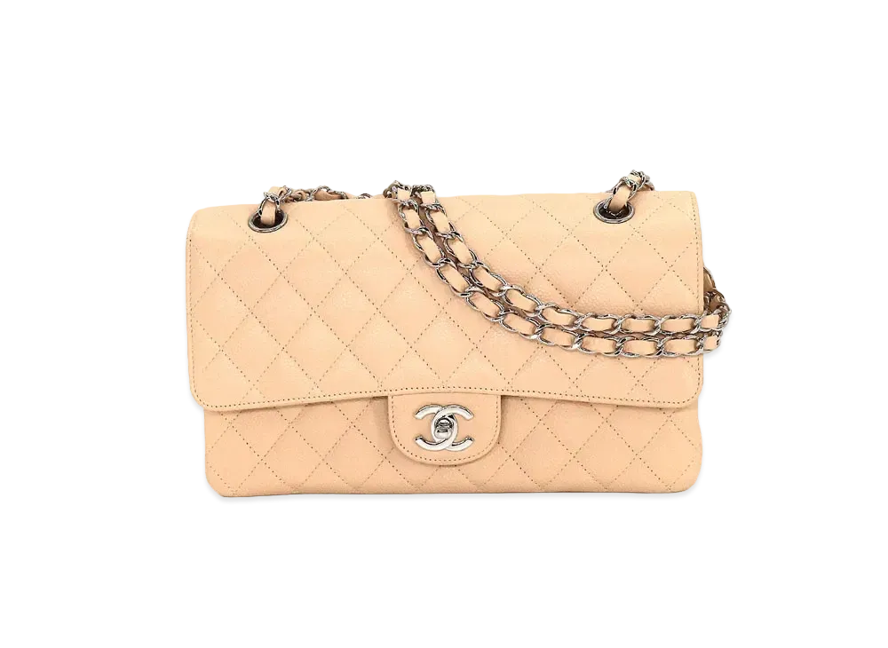 CHANEL Matelasse Classic Double Flap Caviarskin "Light Beige/Silver"