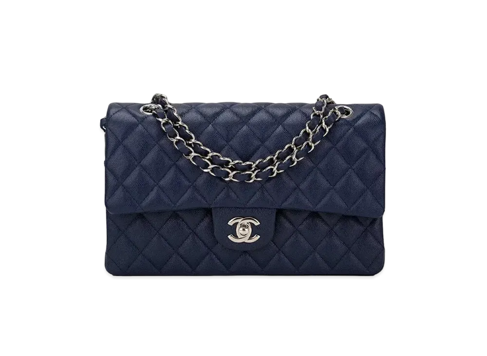 CHANEL Matelasse Classic Double Flap Caviarskin "Navy/Silver"