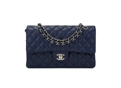 CHANEL Matelasse Classic Double Flap Caviarskin "Navy/Silver"