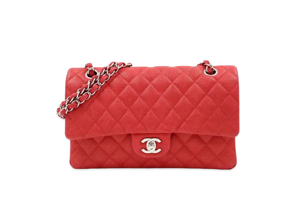 CHANEL Matelasse Classic Double Flap Caviarskin "Red/Silver"