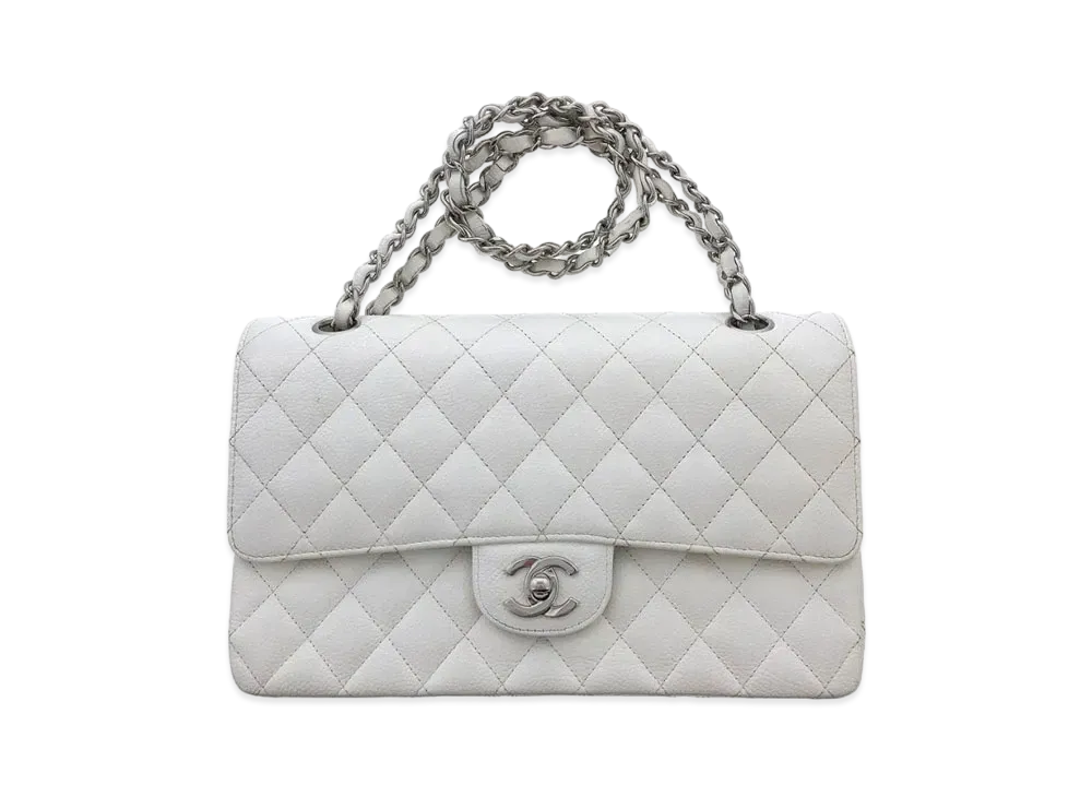CHANEL Matelasse Classic Double Flap Caviarskin "White/Silver"