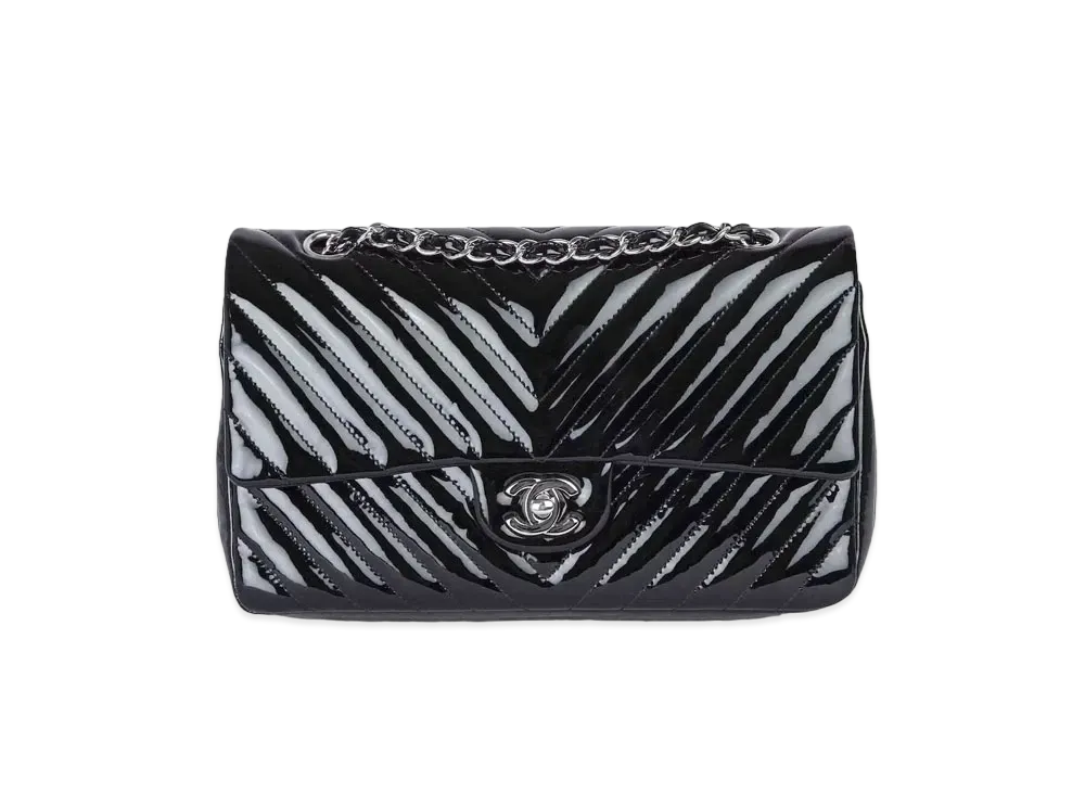 CHANEL Matelasse V Stitch Classic Double Flap Patent Calfskin "Black/Silver"