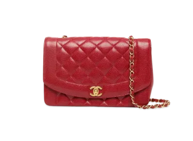 CHANEL Matelasse Diana Flap 25 Chain Shoulder Caviarskin "Red"