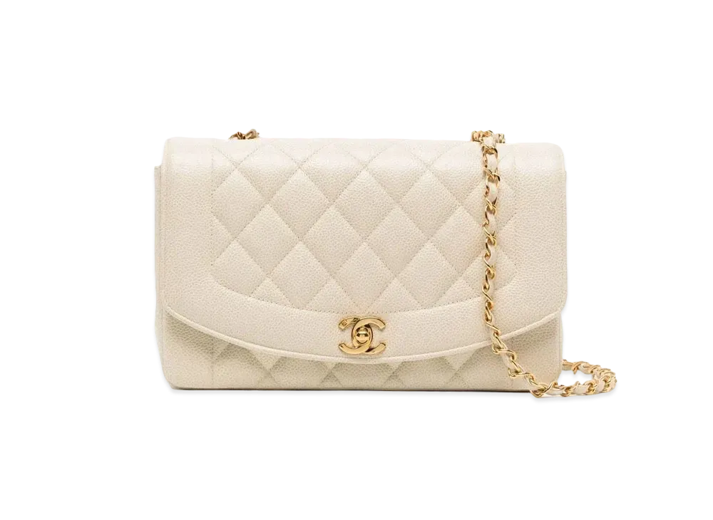 CHANEL Matelasse Diana Flap 25 Chain Shoulder Caviarskin "White"