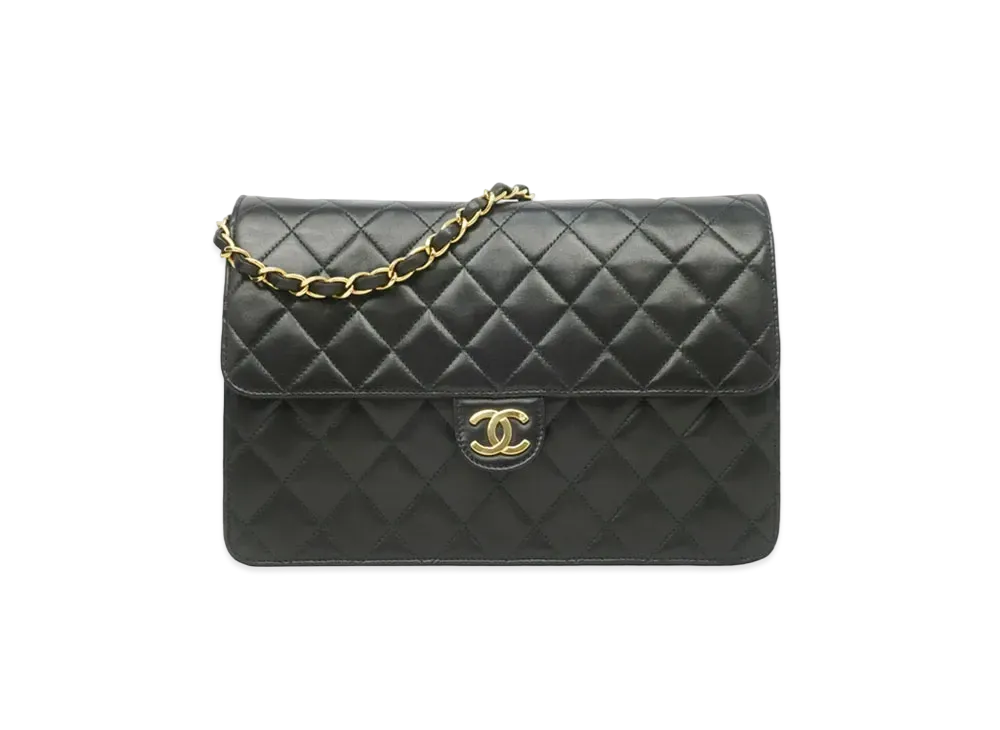 CHANEL Matelasse Single Flap Push Lock Chain Bag Lambskin "Black/Gold"