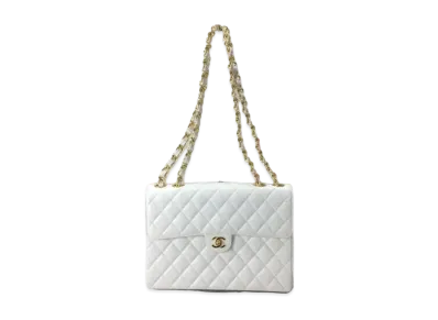 CHANEL Deca Matelasse Single Flap W Chain Caviarskin "White/Gold"