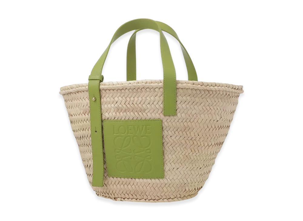 LOEWE Basket Bag In Palm Leaf And Calfskin "Natural/Meadow Green"
