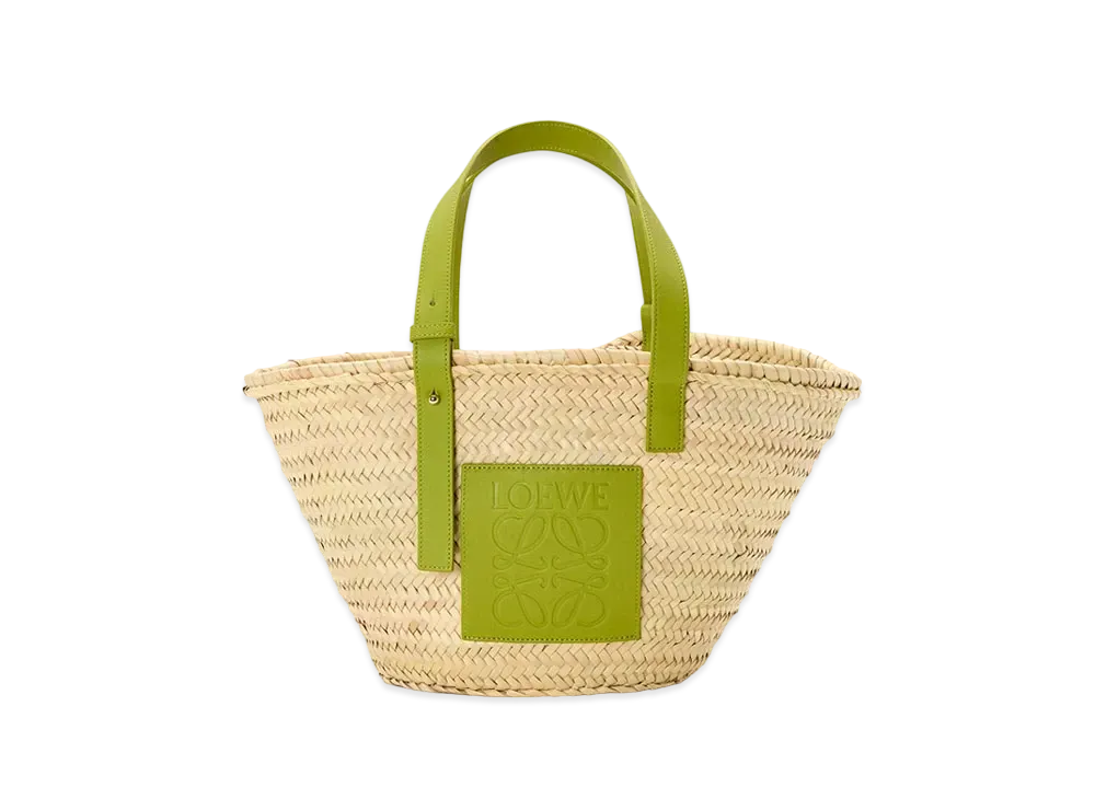 LOEWE Small Basket Bag In Palm Leaf and Calfskin "Natural/Meadow Green"