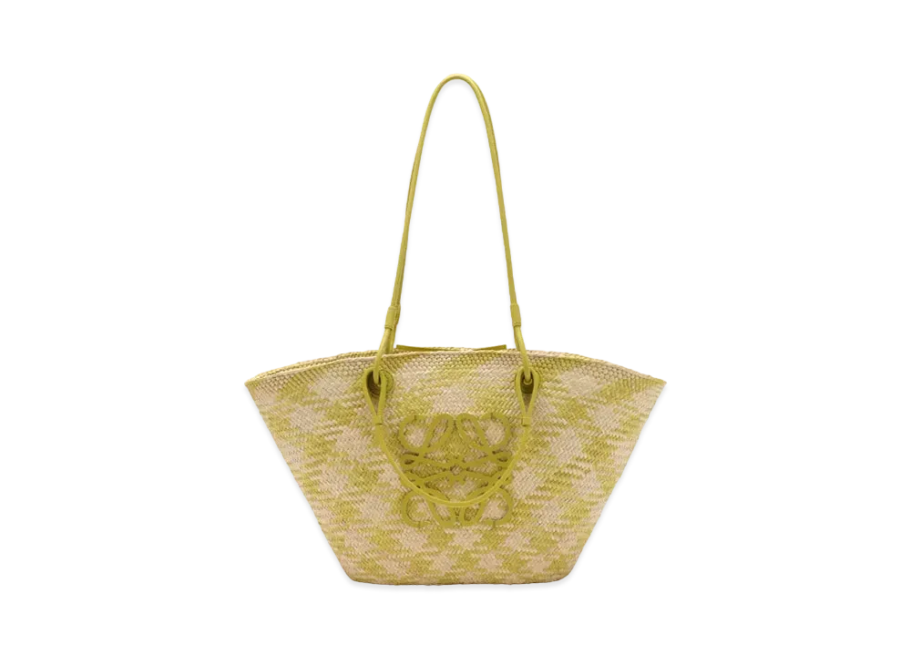 LOEWE Anagram Basket Bag Medium In Iraca Palm and Calfskin "Natural/Lime Green"