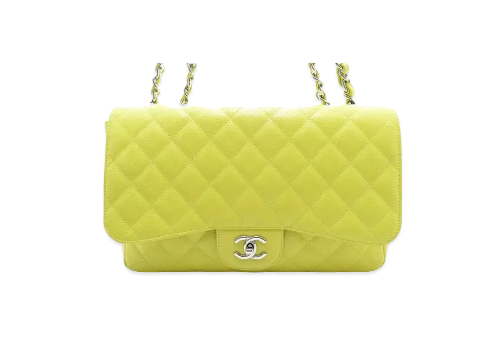CHANEL Deca Matelasse Single Flap W Chain Caviarskin "Lemon/Silver"
