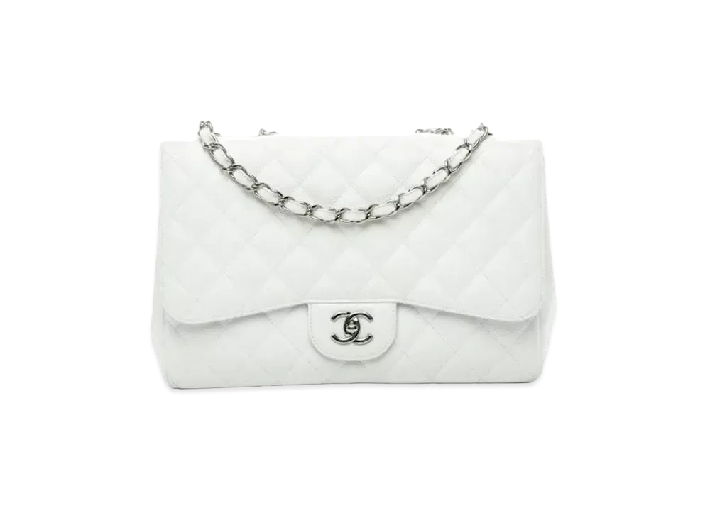 CHANEL Deca Matelasse Classic Single Flap Caviarskin "White/Silver"