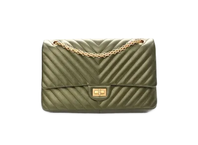 CHANEL 2.55 V Stitch Chain Shoulder Metallic Calfskin "Green/Gold"