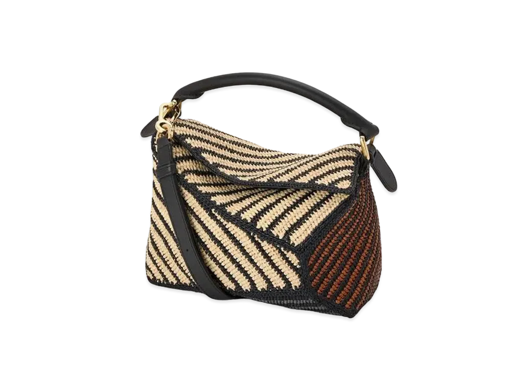 LOEWE Small Puzzle Edge Bag In Raffia and Calfskin "Natural/Honey Gold"