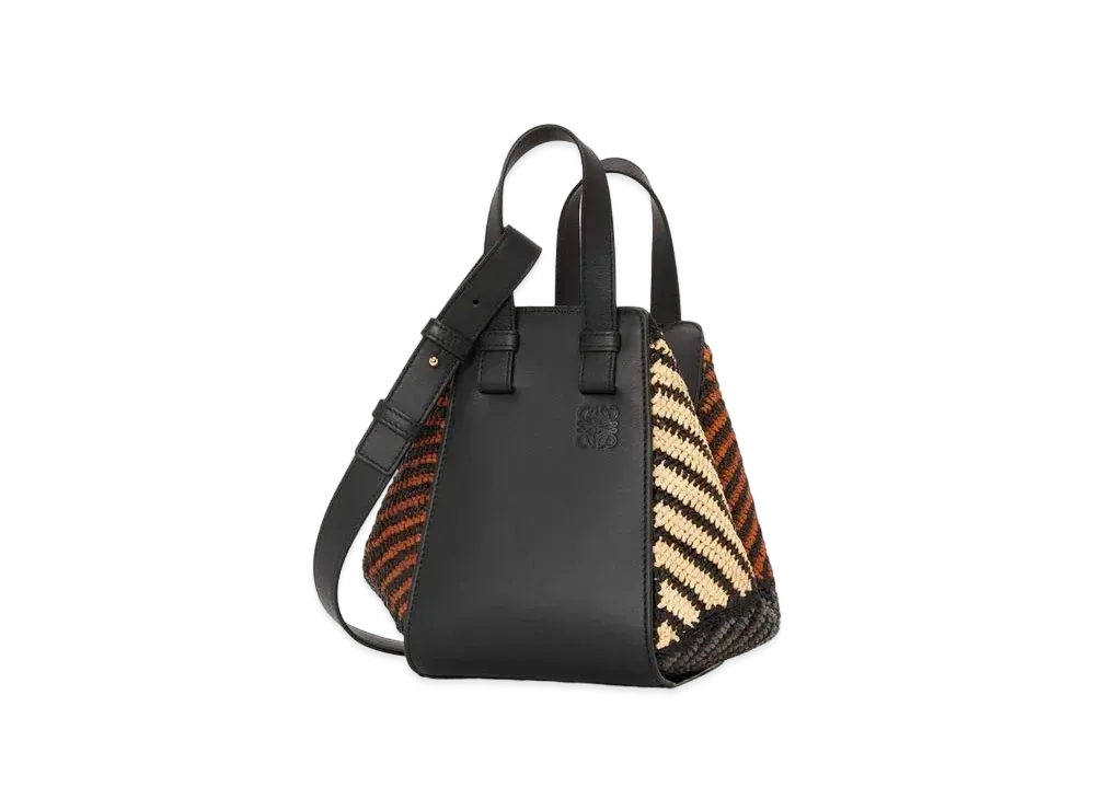 LOEWE Compact Hammock Bag In Raffia and Calfskin "Black/Natural"
