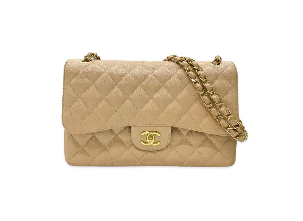 CHANEL Deca Matelasse Classic Double Flap Caviarskin "Beige/Gold"