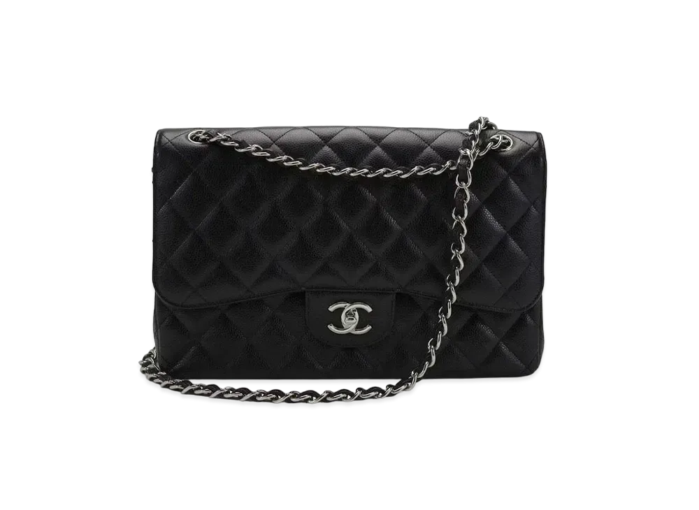 CHANEL Deca Matelasse Classic Double Flap Caviarskin "Black/Silver"