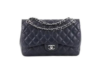 CHANEL Deca Matelasse Classic Double Flap Caviarskin "Navy/Silver"