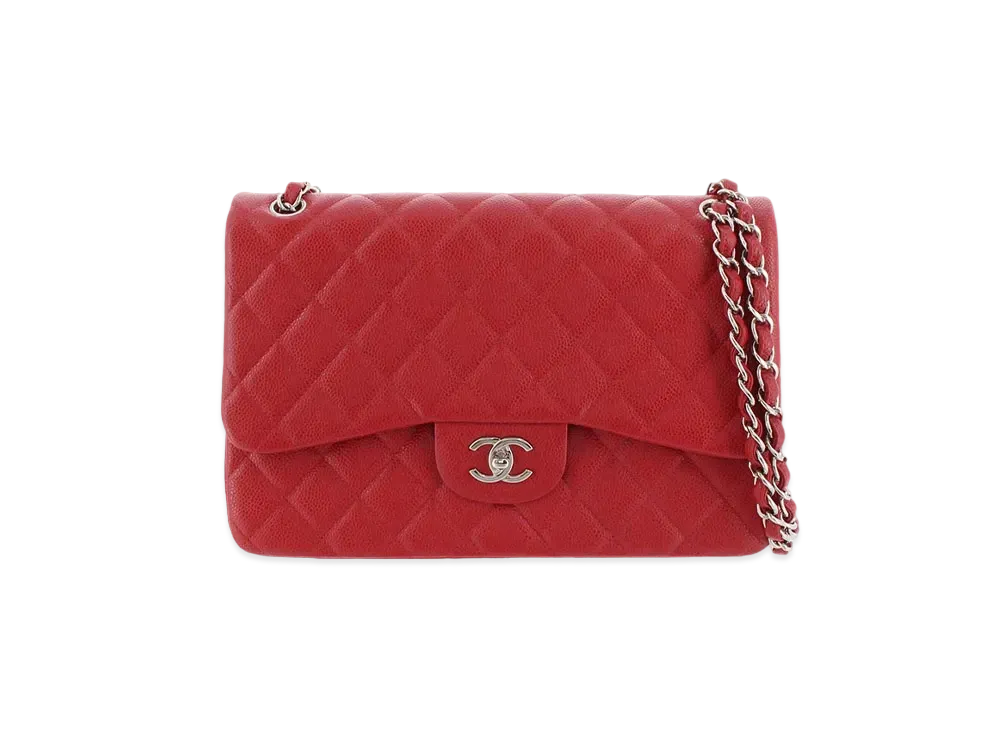 CHANEL Deca Matelasse Classic Double Flap Caviarskin "Red/Silver"