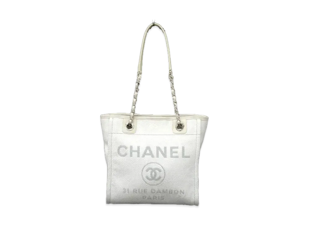 CHANEL Mini Deauville Tote Canvas "White/Gray/Silver"