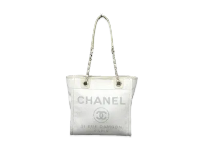 CHANEL Mini Deauville Tote Canvas "White/Gray/Silver"