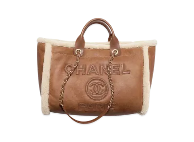 CHANEL Large Shopping Bag Shearling Lambskin, Lambskin &Gold-Tone Metal "Brown/Beige"