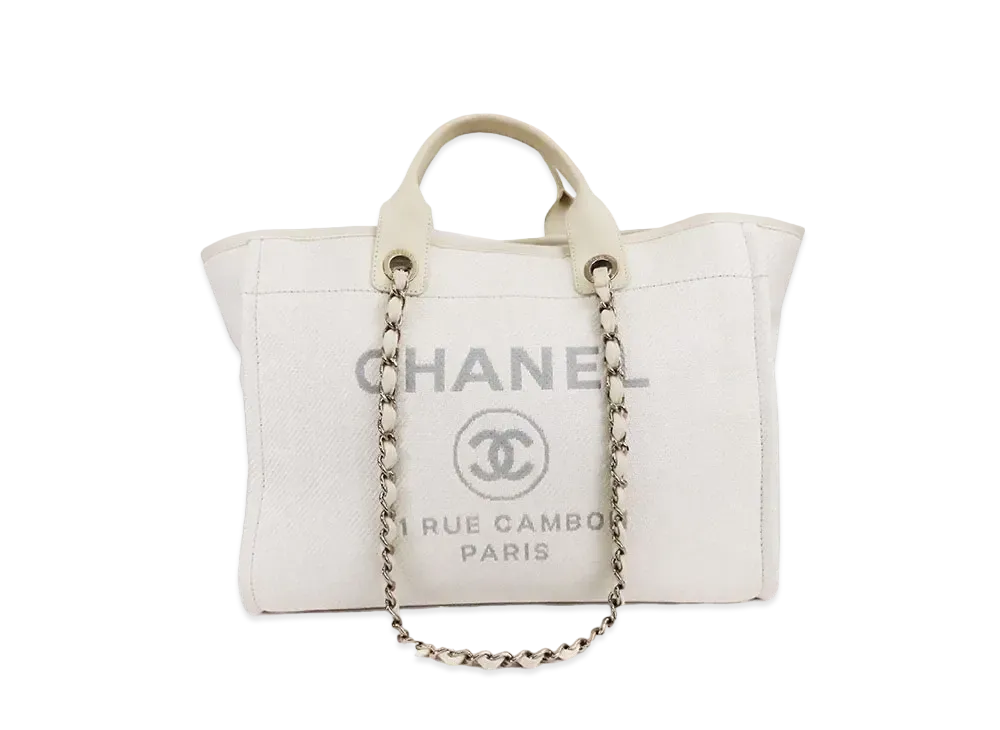 CHANEL Medium Deauville Tote Canvas "White/Gold"
