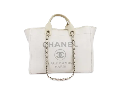 CHANEL Medium Deauville Tote Canvas "White/Gold"