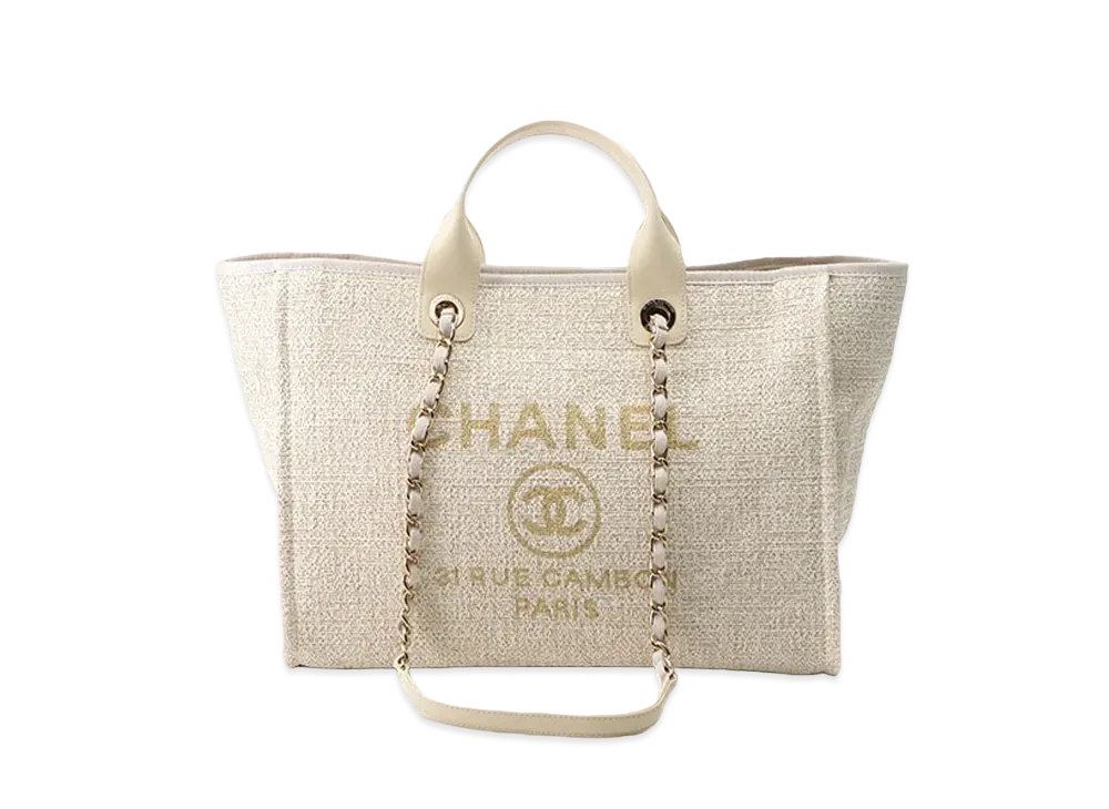 CHANEL Medium Deauville Tote Canvas "White/Gold"