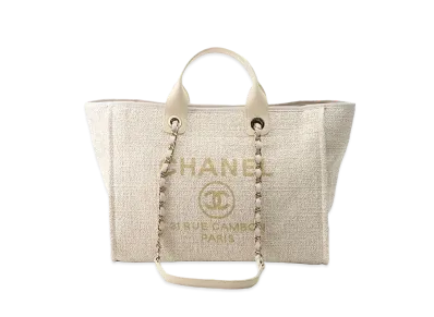 CHANEL Medium Deauville Tote Canvas "White/Gold"
