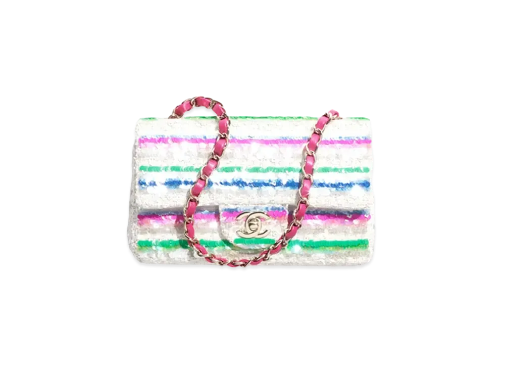 CHANEL Mini Classic Handbag Embroidered Tweed Sequins and Gold Tone Metal "White/Pink/Green/Blue"