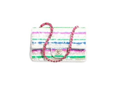 CHANEL Mini Classic Handbag Embroidered Tweed Sequins and Gold Tone Metal "White/Pink/Green/Blue"