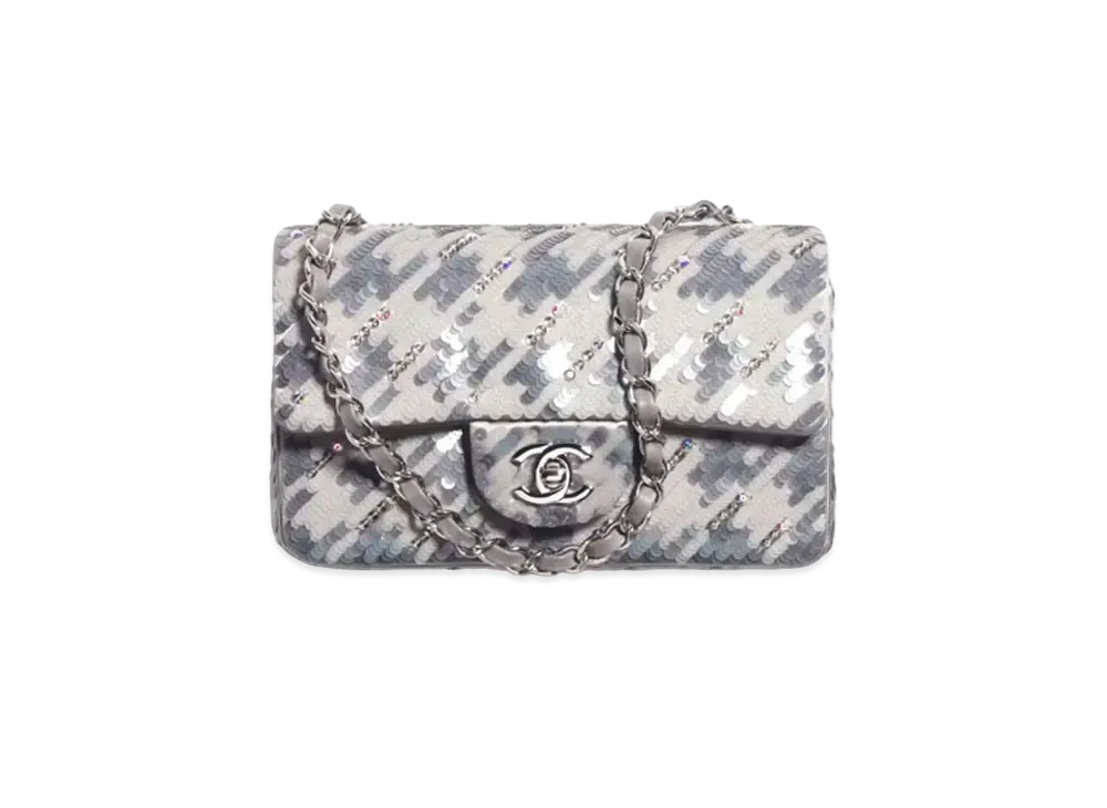 CHANEL Mini Classic Handbag Embroidered Satin, Sequins & Silver-Tone Metal "Gray/White/Gold"