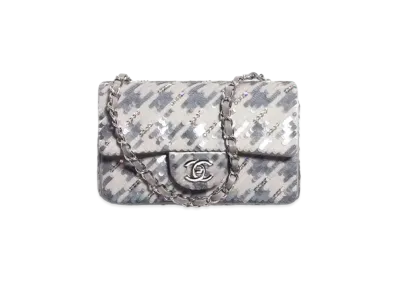 CHANEL Mini Classic Handbag Embroidered Satin, Sequins & Silver-Tone Metal "Gray/White/Gold"