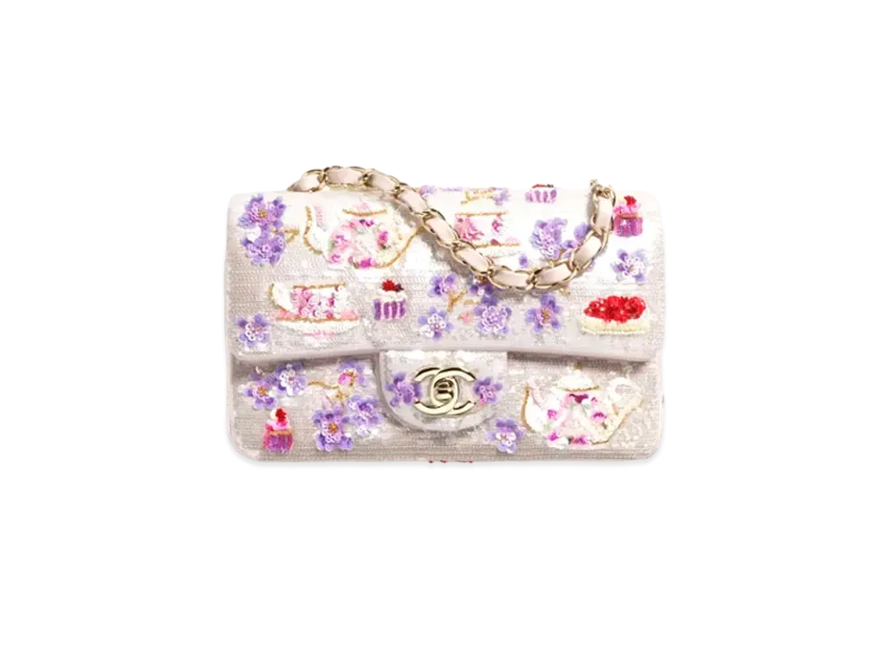 CHANEL Mini Classic Handbag Embroidered Satin, Sequins, Glass Beads, Strass & Gold-Tone Metal "White/Pink/Purple/Red"